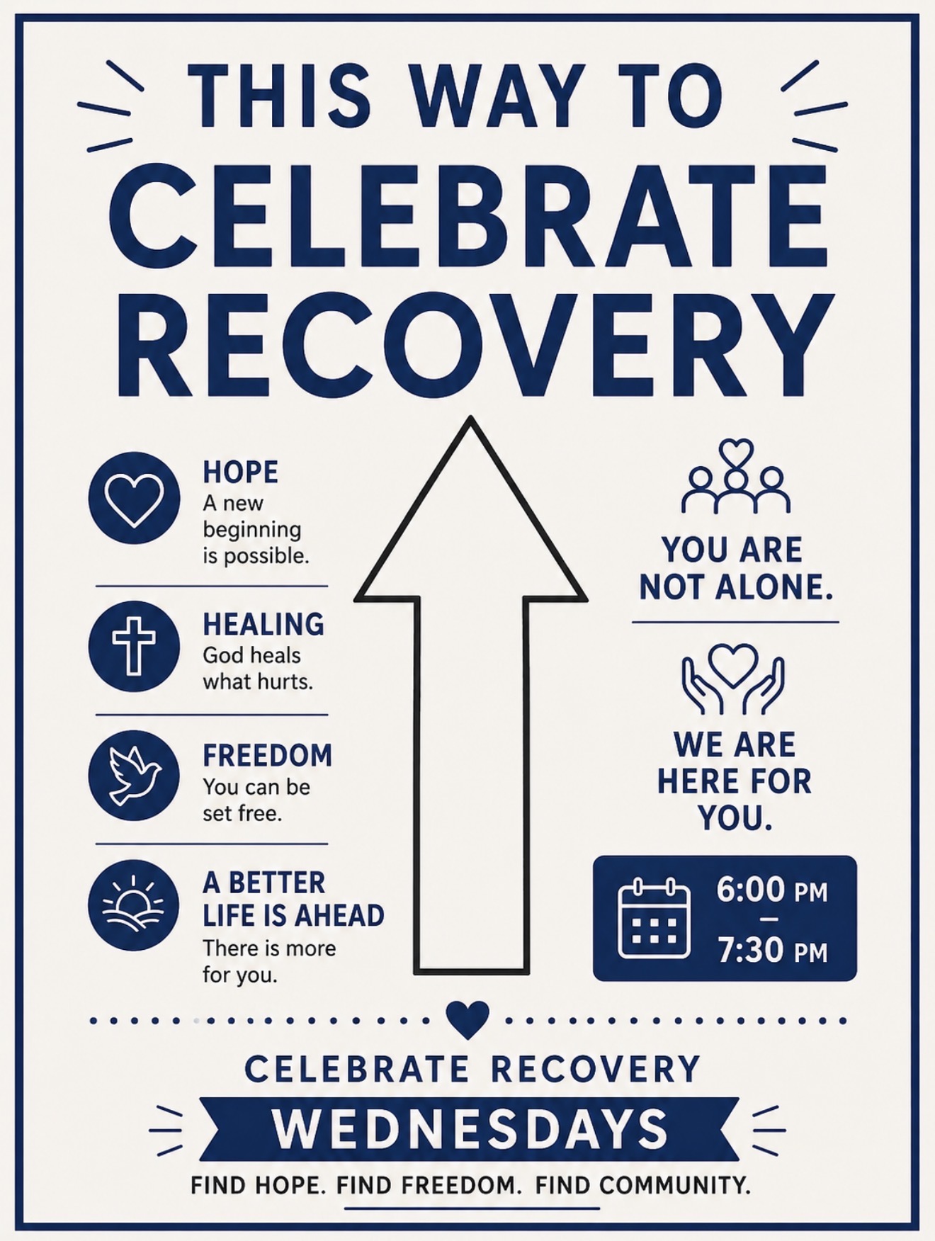 Celebrate Recovery flyer: hope, healing, and freedom on Wednesdays from 6:00 to 7:30 pm